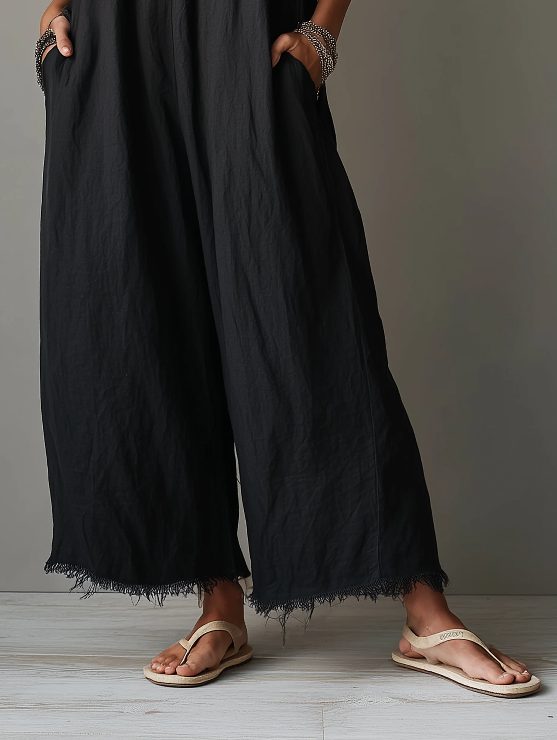 Women’s Black Casual Linen Blend Lace Trim V-Neck Spaghetti Strap Relaxed Ankle-Length Jumpsuit