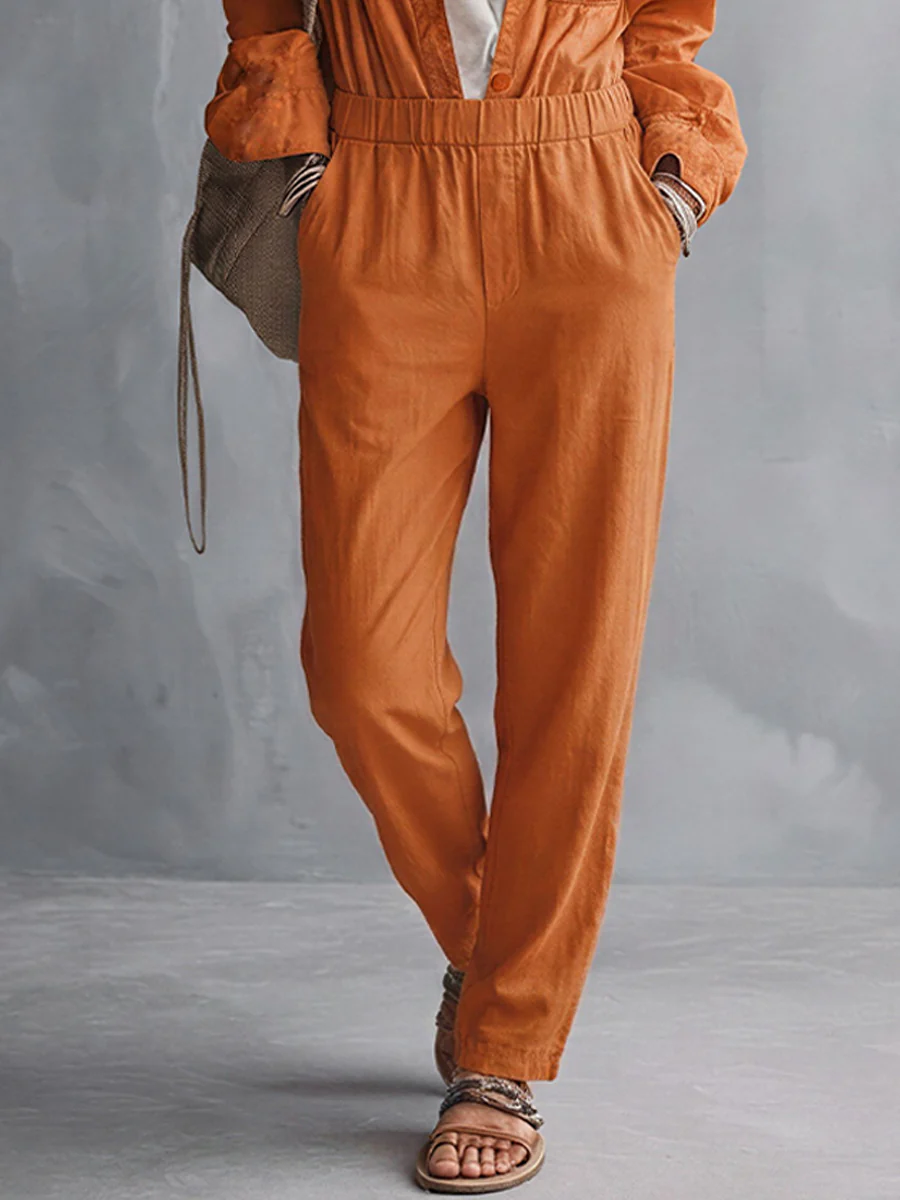 Women’s Burnt Orange Casual Linen Blend Shirt Collar Long Sleeve Relaxed Ankle-Length Jumpsuit