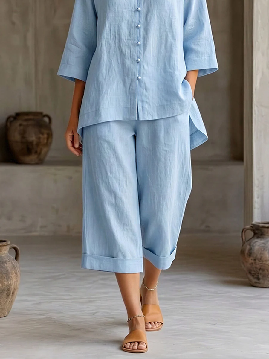 Women’s Light Blue Casual Linen Blend V-Neck Three-Quarter Sleeve Relaxed Cropped Pants Set