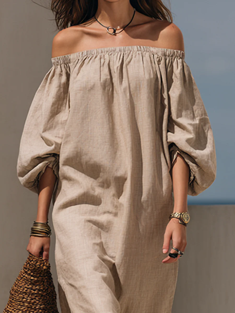 Women’s Beige Coastal Linen Blend Off-Shoulder Balloon Sleeve Relaxed Midi Dress