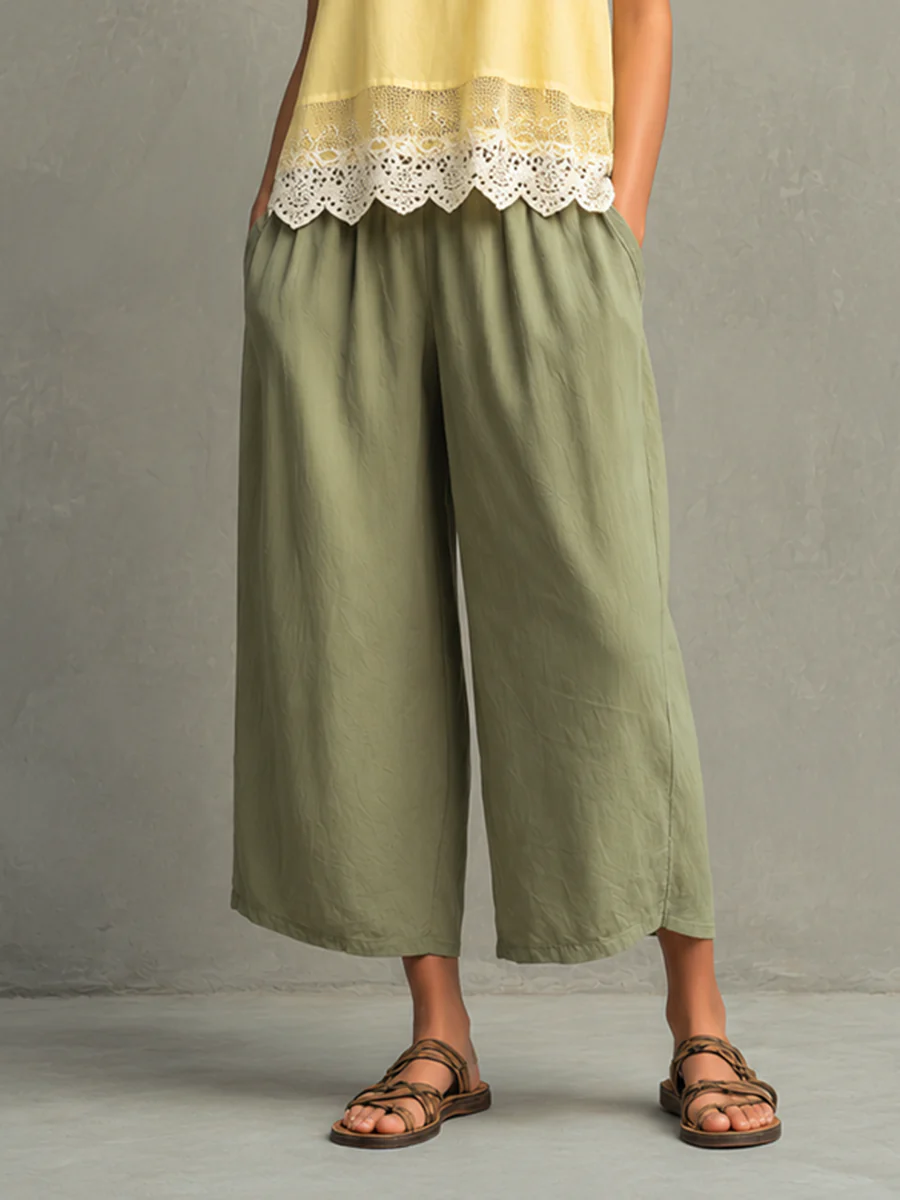 Women’s Casual Cotton Linen Blend Scoop Neck Spaghetti Strap Relaxed Cropped Pants Set