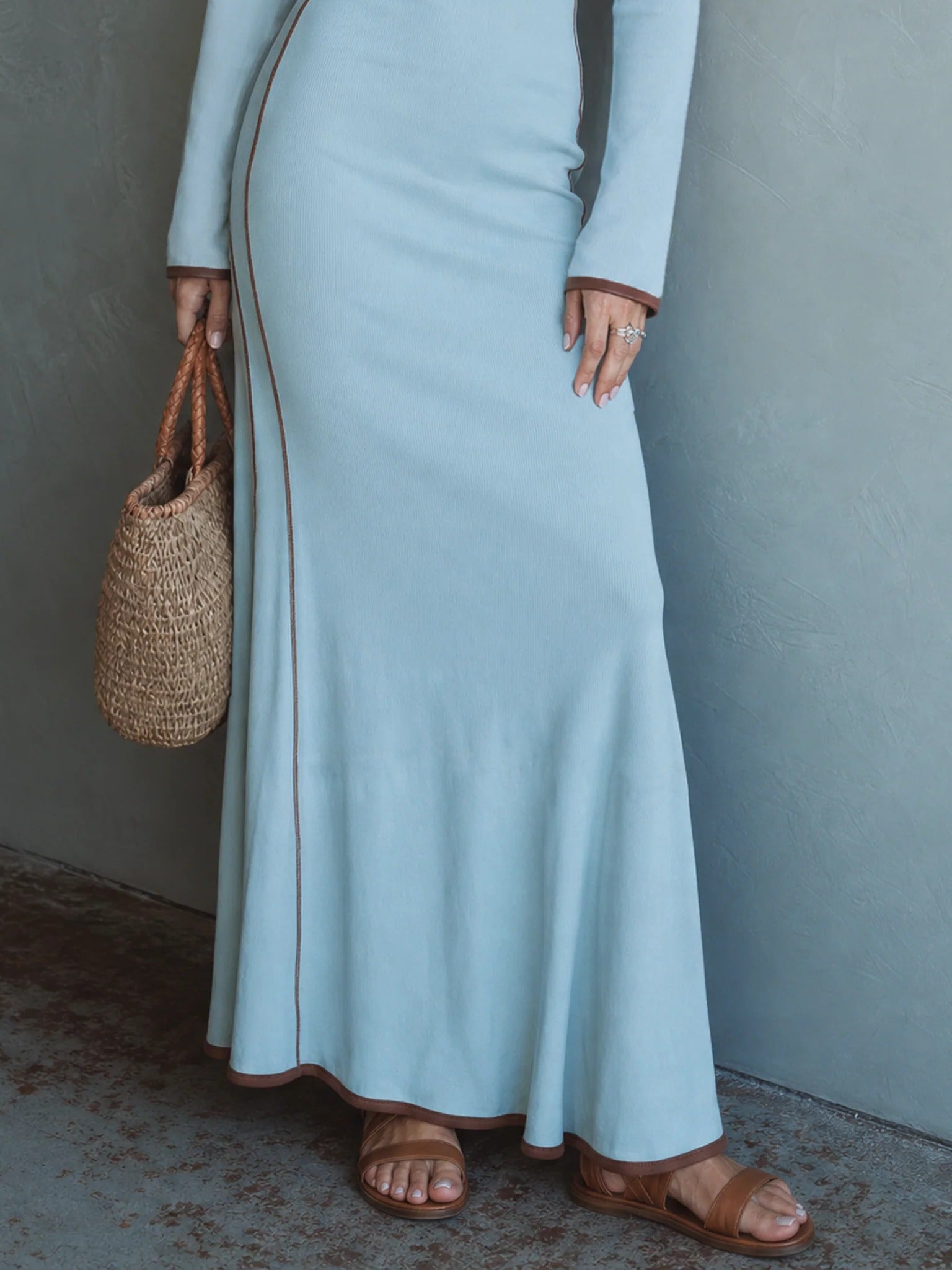 Women’s Light Blue Elegant Ribbed Knit Stand Collar Long Sleeve Slim Maxi Dress