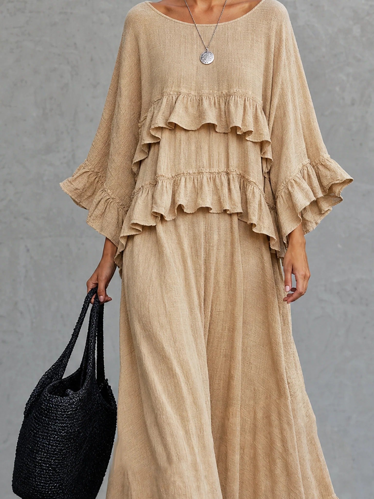 Women’s Beige Bohemian Textured Woven Round Neck Three-Quarter Sleeve Relaxed Maxi Dress