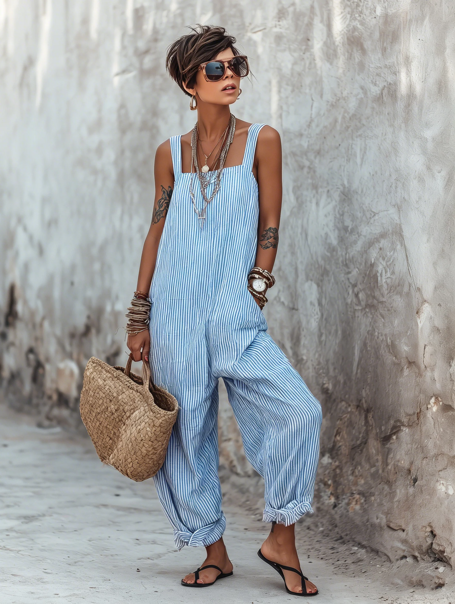 Women’s Striped Bohemian Square Neck Sleeveless Relaxed Ankle-Length Jumpsuit