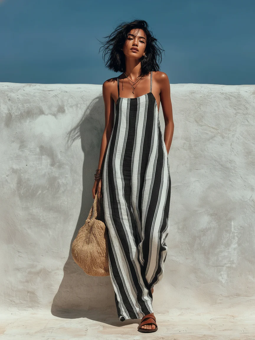 Women’s Blue & White Striped Beachy Linen-Blend Spaghetti Strap Wide-Leg Jumpsuit
