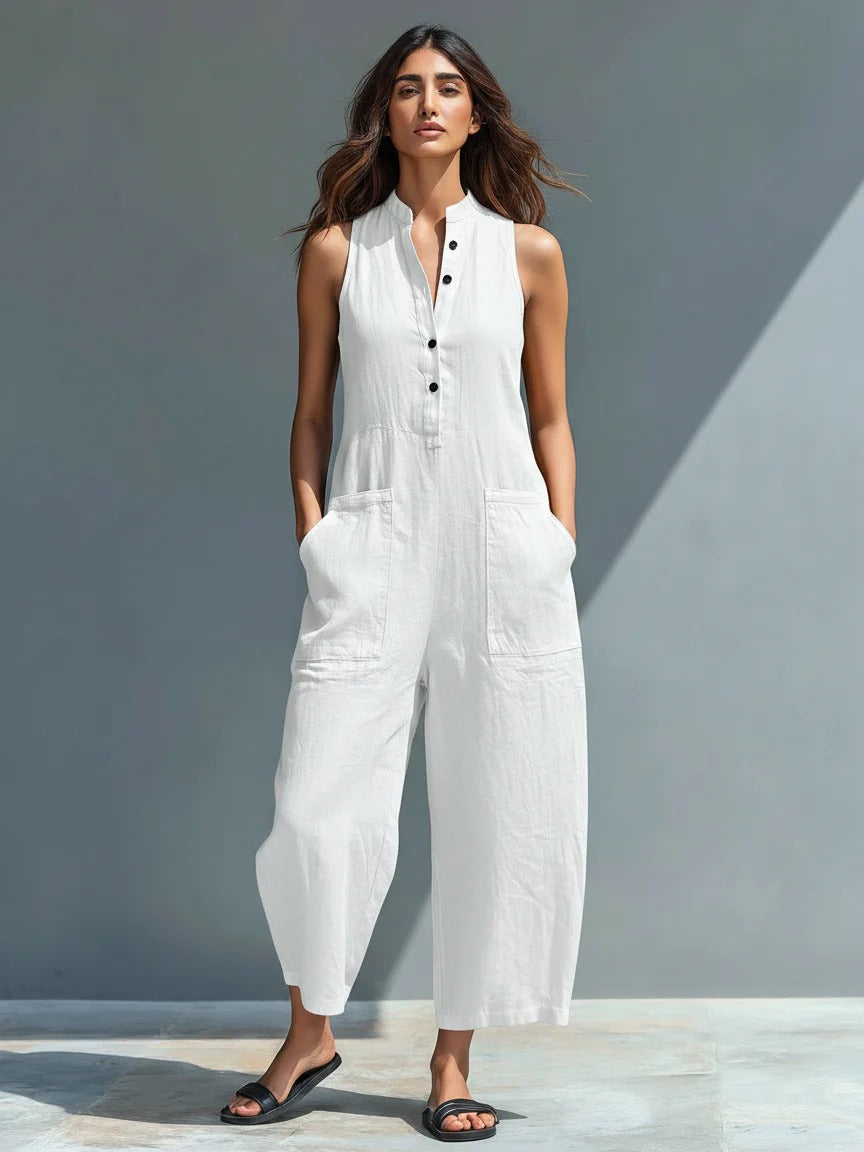 Women’s Black Casual Chic Linen-Blend Mandarin Collar Sleeveless Wide-Leg Ankle Jumpsuit