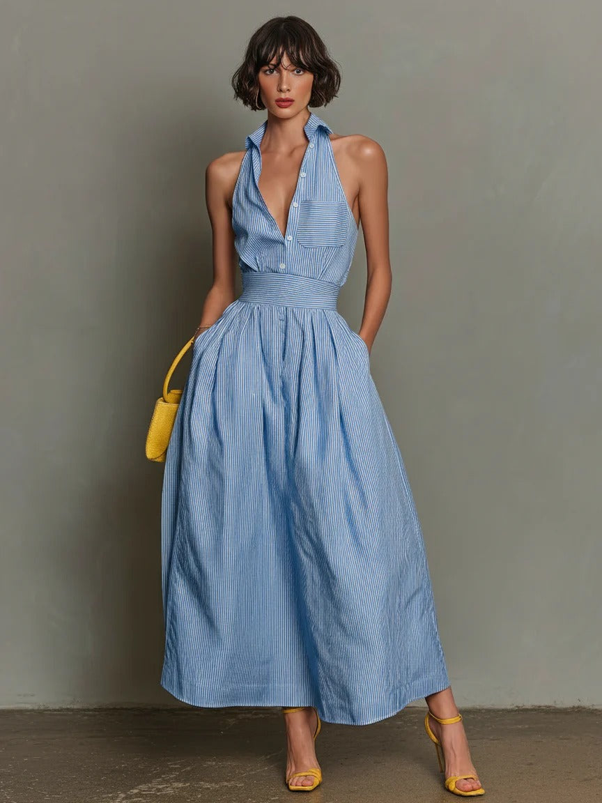 Women’s Yellow Casual Cotton Blend Shirt Collar Sleeveless Regular Maxi Dress with Pinstripe