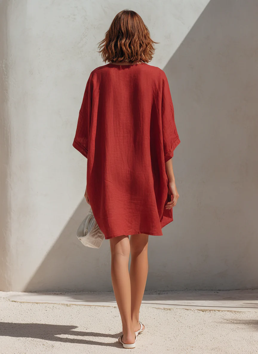 Women’s Rust Red Coastal Linen Blend Deep V-Neck Short Sleeve Relaxed Mini Kaftan Dress