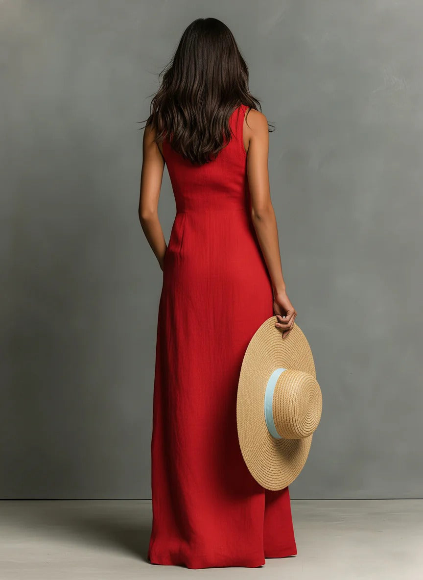 Women’s Red Modern Button-Front Collar Sleeveless Maxi Dress