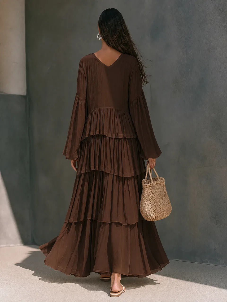 Women’s Brown Bohemian Chiffon V-Neck Long Sleeve Relaxed Maxi Dress