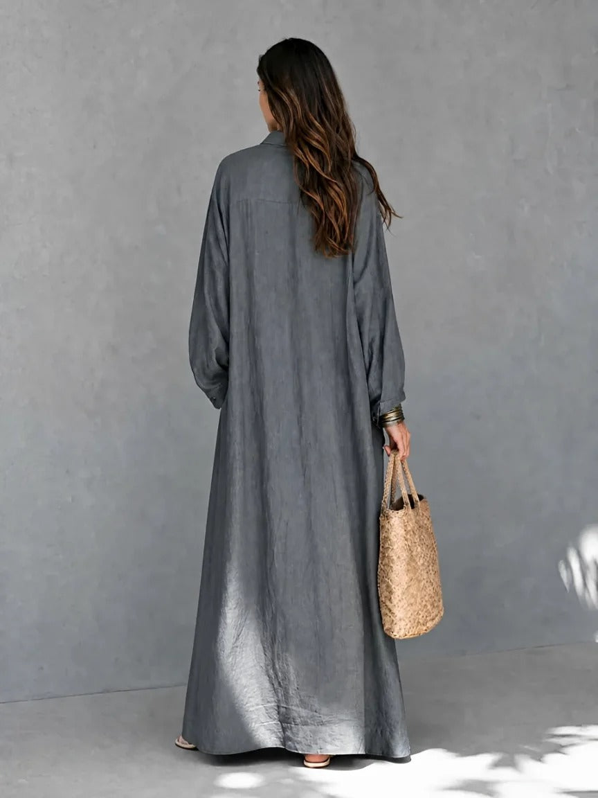 Women’s Gray Minimalist Cotton-linen Shirt Collar Long Sleeve Relaxed Maxi Dress