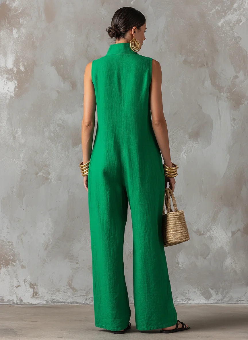 Women’s Green Minimalist Linen Blend Stand Collar Sleeveless Relaxed Full-Length Jumpsuit