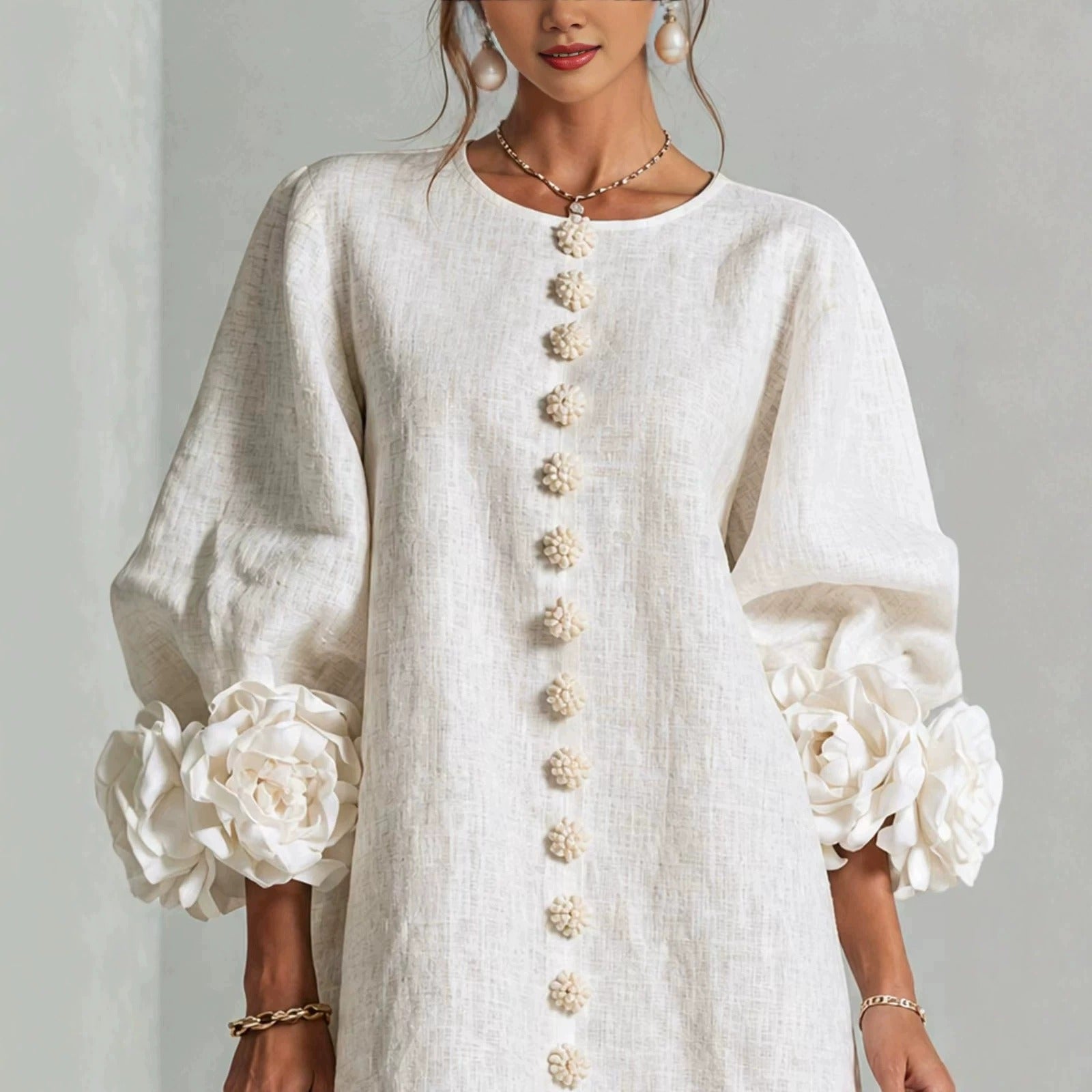 Women’s White Textured Floral Button Front Puff Sleeve Mini Dress