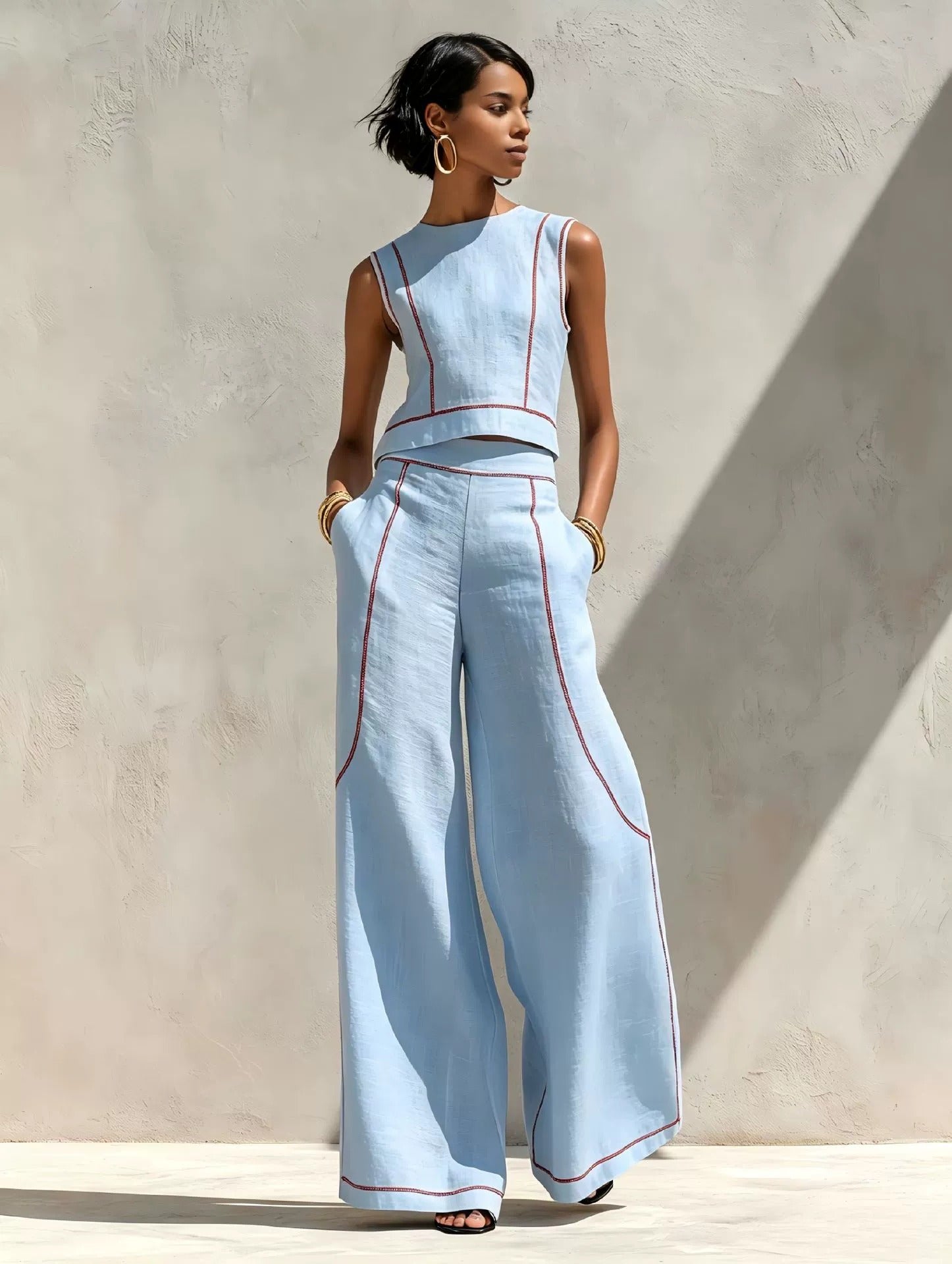 Women’s White and Black Minimalist Linen-Blend Round-Neck Sleeveless Regular Wide-Leg Pants Set