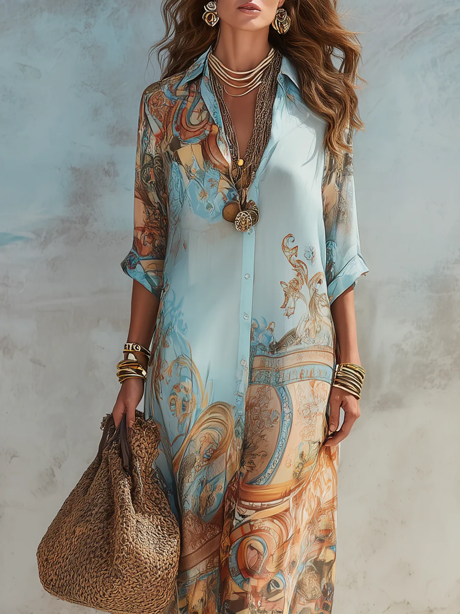 Women’s Blue Printed Relaxed-Fit 3/4 Sleeve Maxi Dress with Buttoned Front