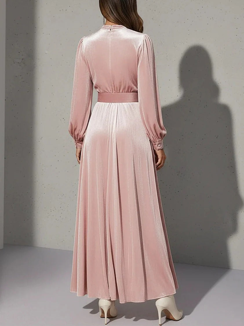 Women’s Blush Pink Elegant Velvet V-Neck Long Sleeve Midi Dress with Belt