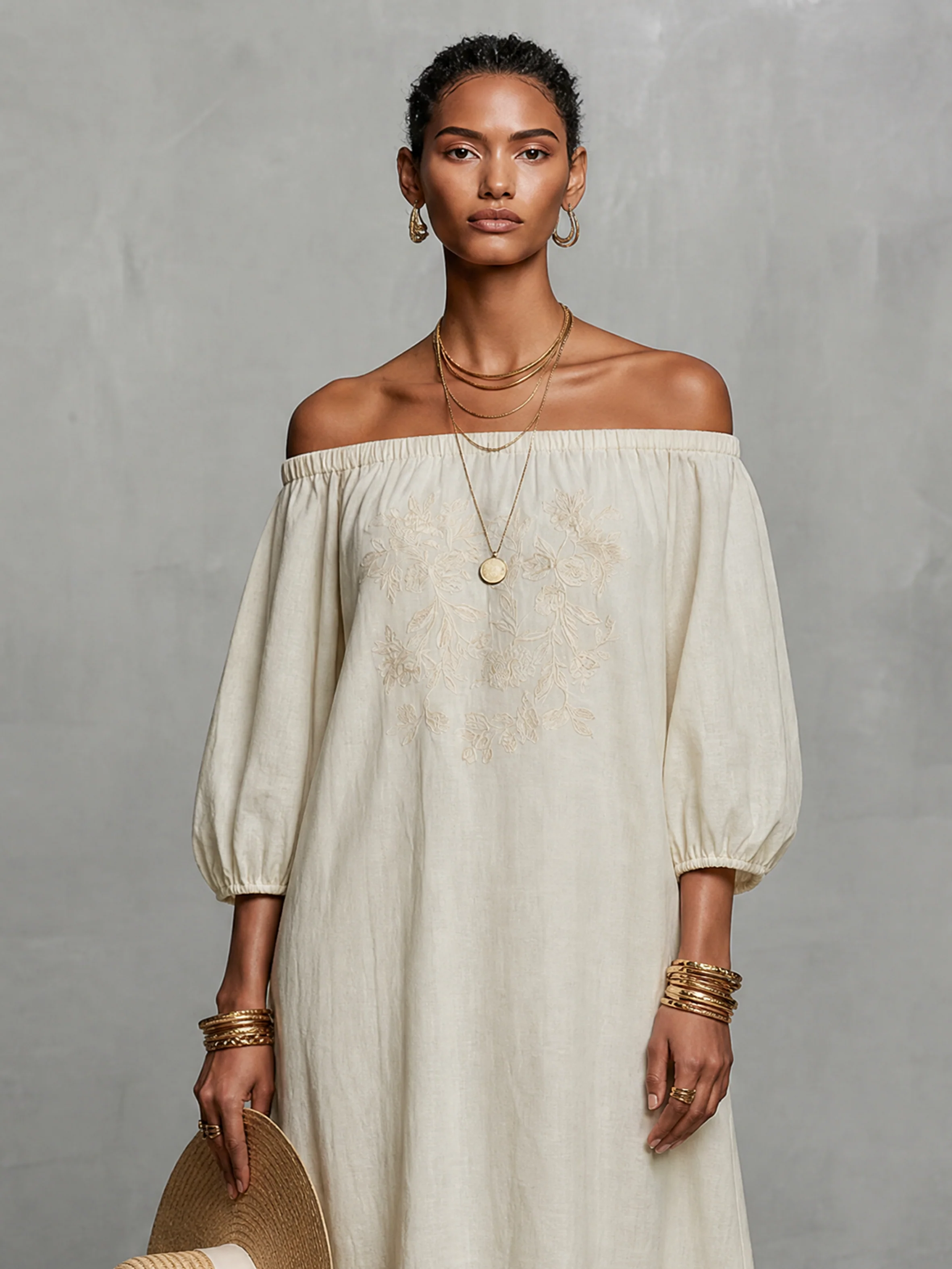 Women’s Ivory Vacation Embroidered Off-Shoulder Balloon Sleeve Maxi Dress