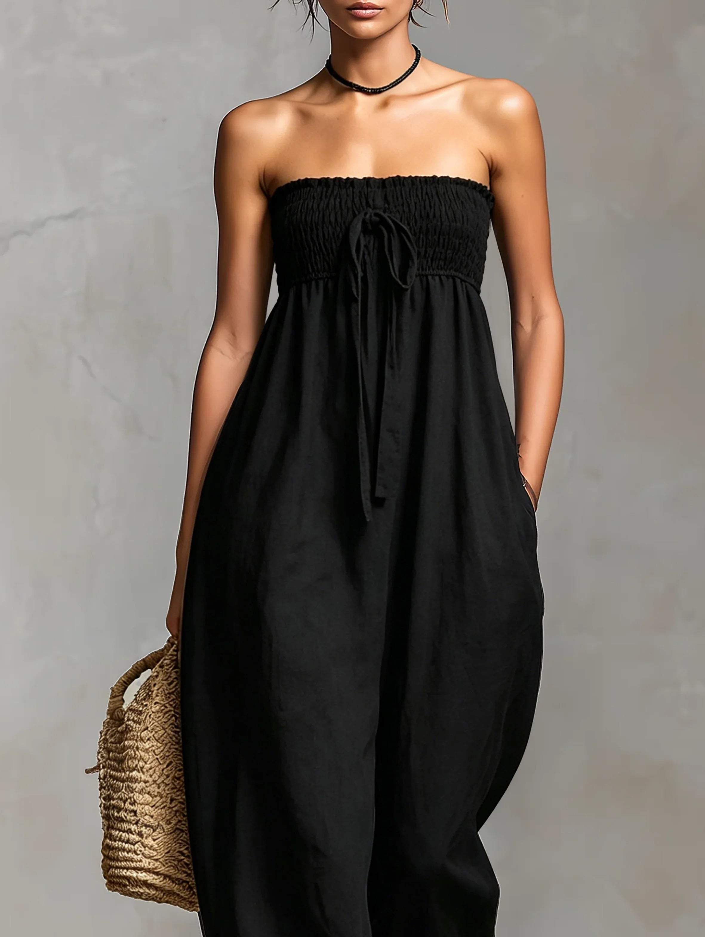 Women’s Black Minimalist Linen Blend Strapless Sleeveless Loose Full-Length Jumpsuit with Tie Front