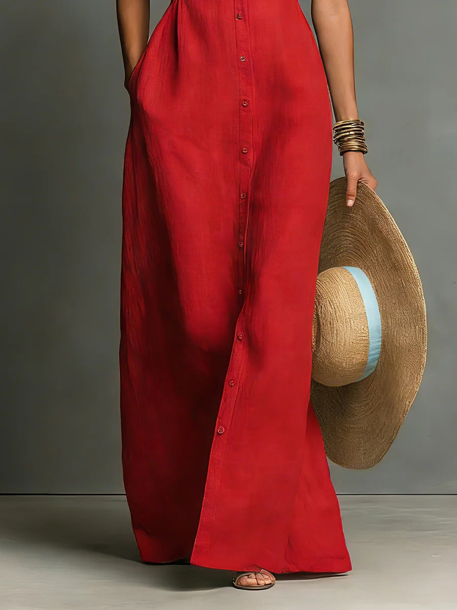 Women’s Red Modern Button-Front Collar Sleeveless Maxi Dress