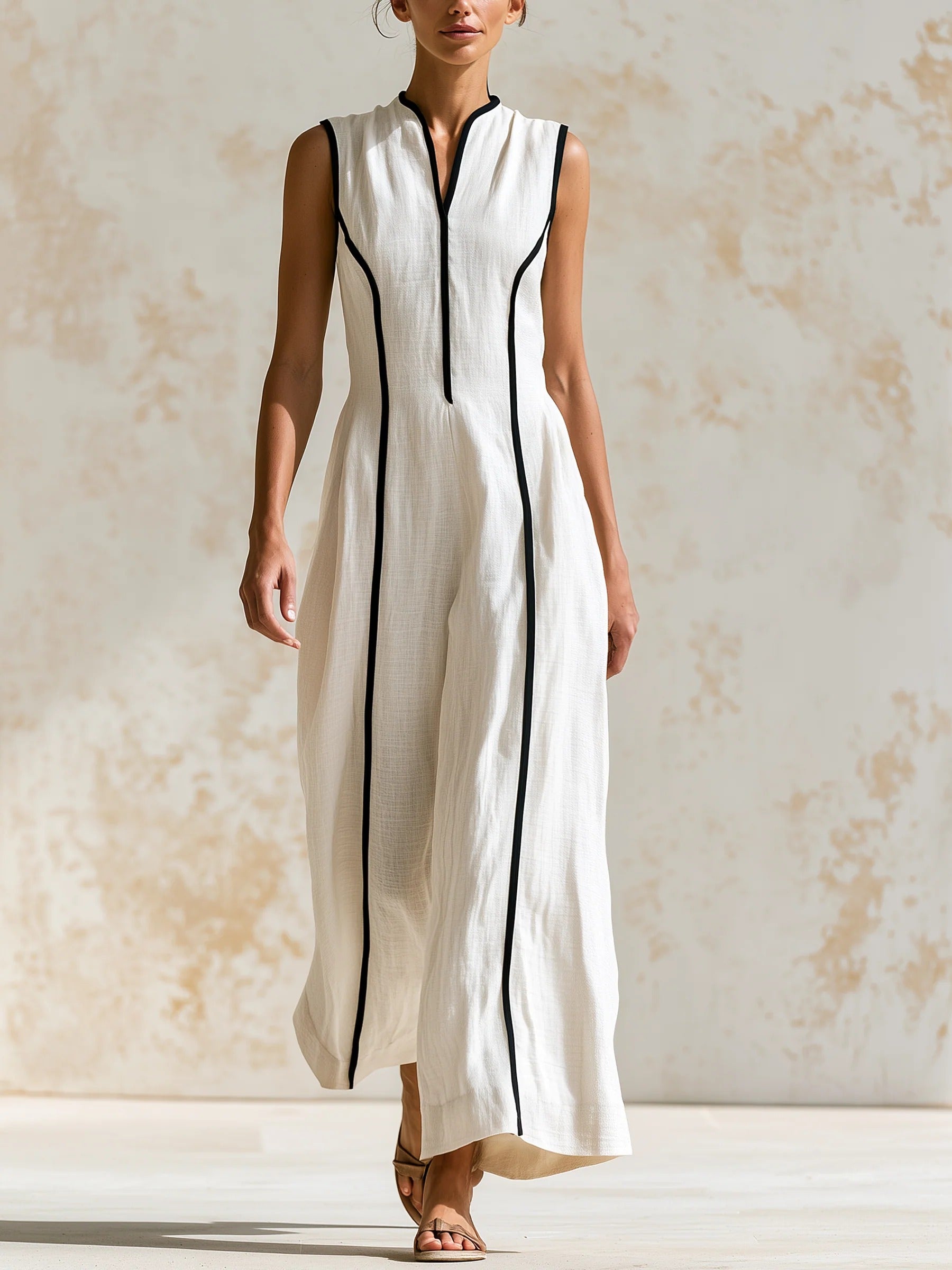 Women’s White Minimalist Linen Woven Collared V-Neck Sleeveless Relaxed Wide-Leg Jumpsuit
