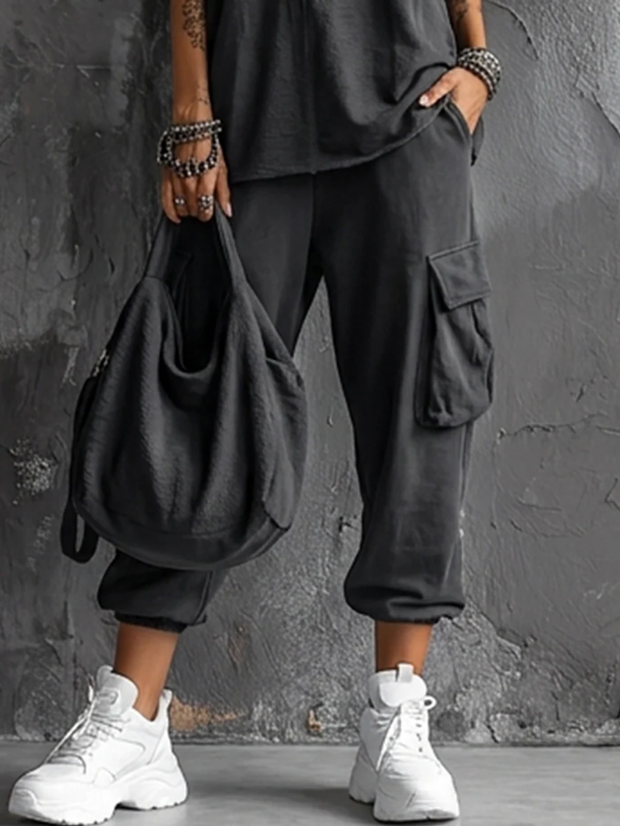 Women’s Streetwear Cotton Blend Round Neck Sleeveless Relaxed Ankle-Length Pants Set