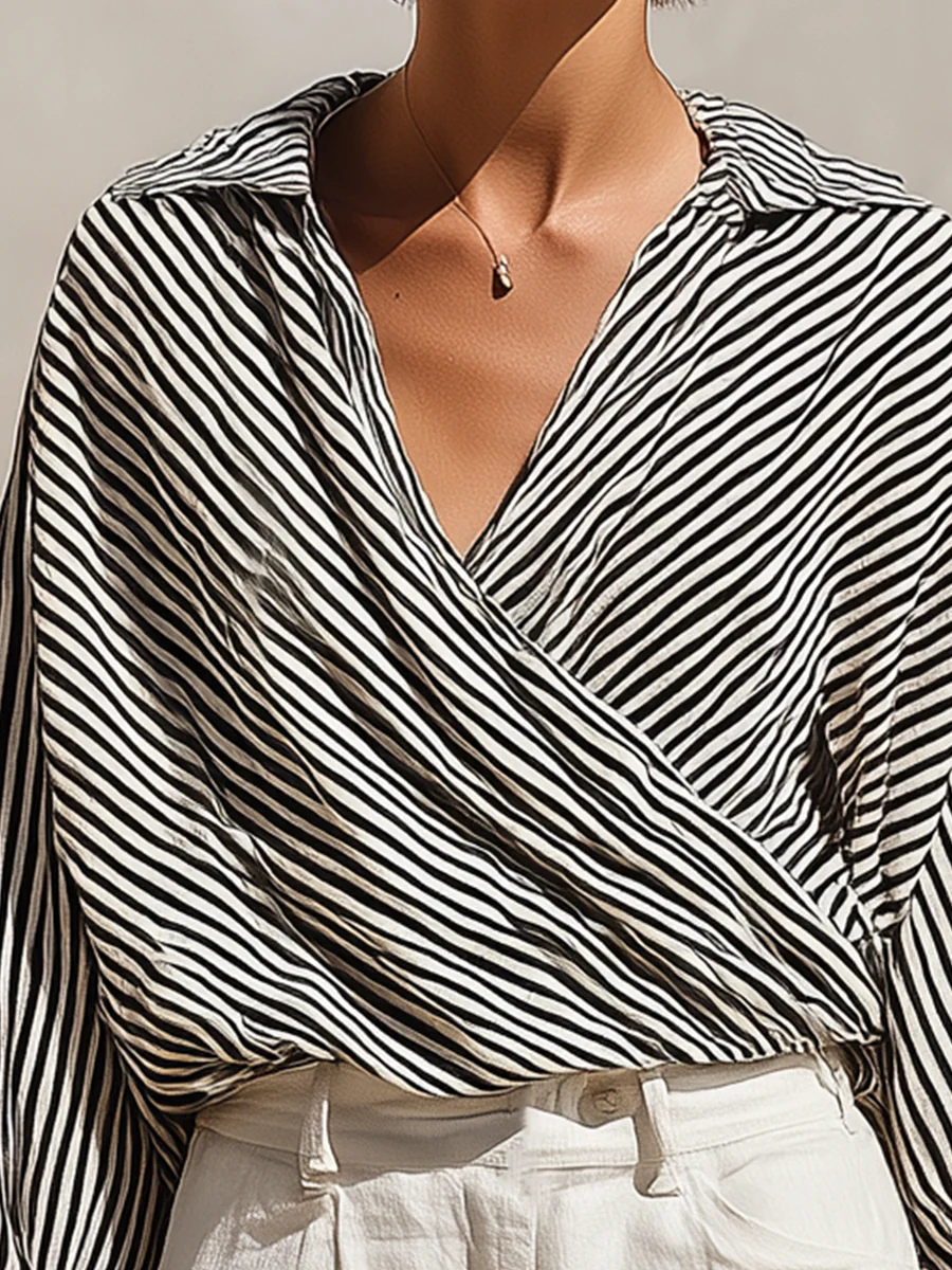 Women’s Black White Vacation Cotton-linen Blend Shirt Collar Long Sleeve Regular Shorts Set