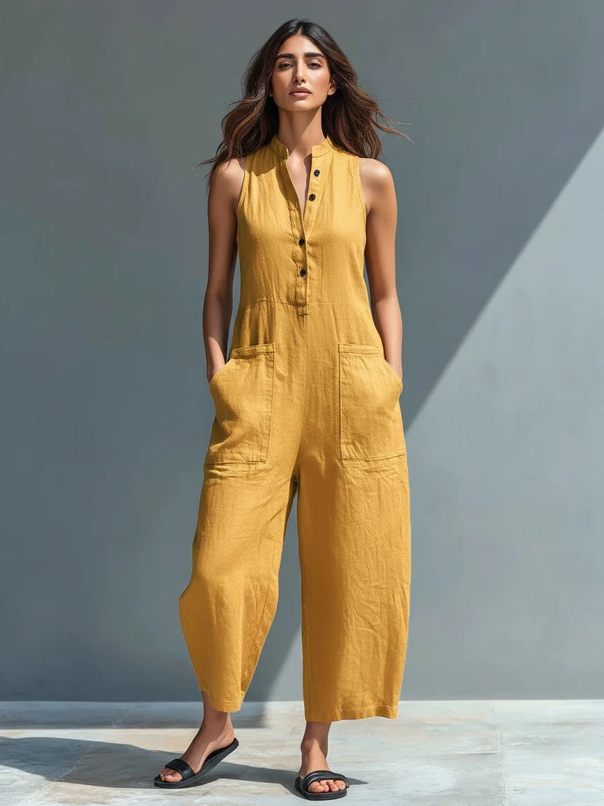 Women’s Black Casual Chic Linen-Blend Mandarin Collar Sleeveless Wide-Leg Ankle Jumpsuit