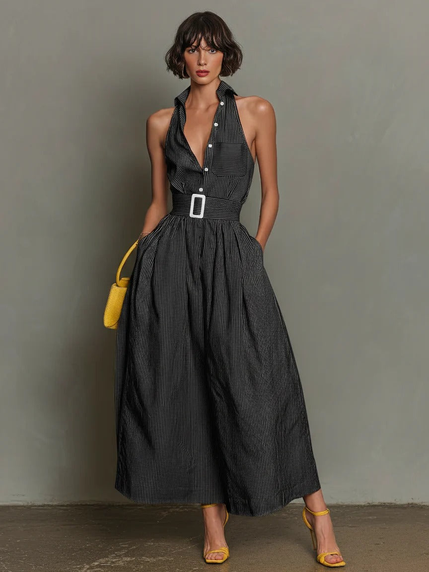 Women’s Yellow Casual Cotton Blend Shirt Collar Sleeveless Regular Maxi Dress with Pinstripe