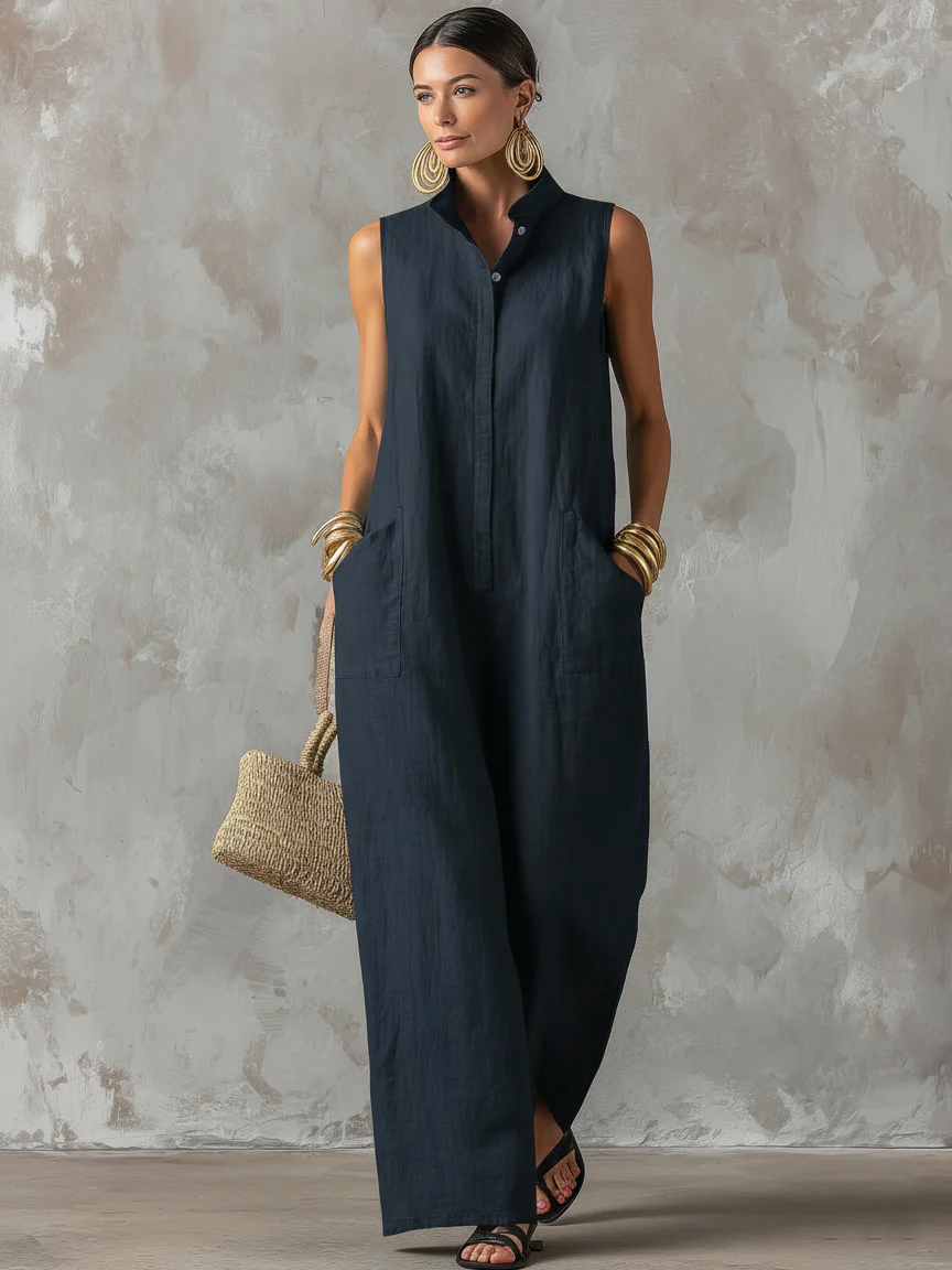 Women’s Green Minimalist Linen Blend Stand Collar Sleeveless Relaxed Full-Length Jumpsuit