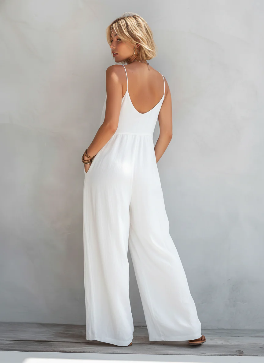 Women’s White Casual Cotton-linen Blend V-Neck Sleeveless Relaxed Full-Length Jumpsuit