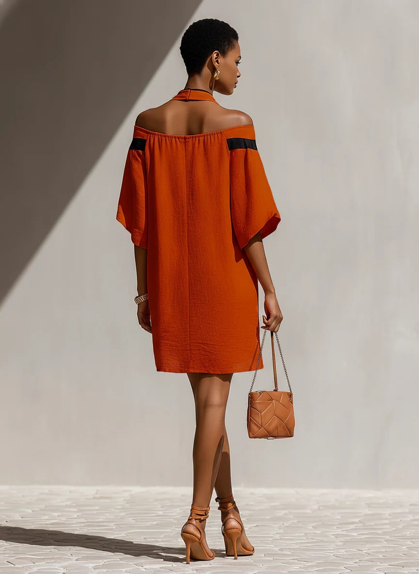 Women’s Orange Casual Linen blend Off-Shoulder Half Sleeve Relaxed Mini Dress