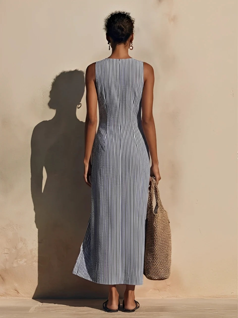 Women’s Blue Striped Coastal Cotton-blend V-Neck Sleeveless Slim Full-Length Jumpsuit