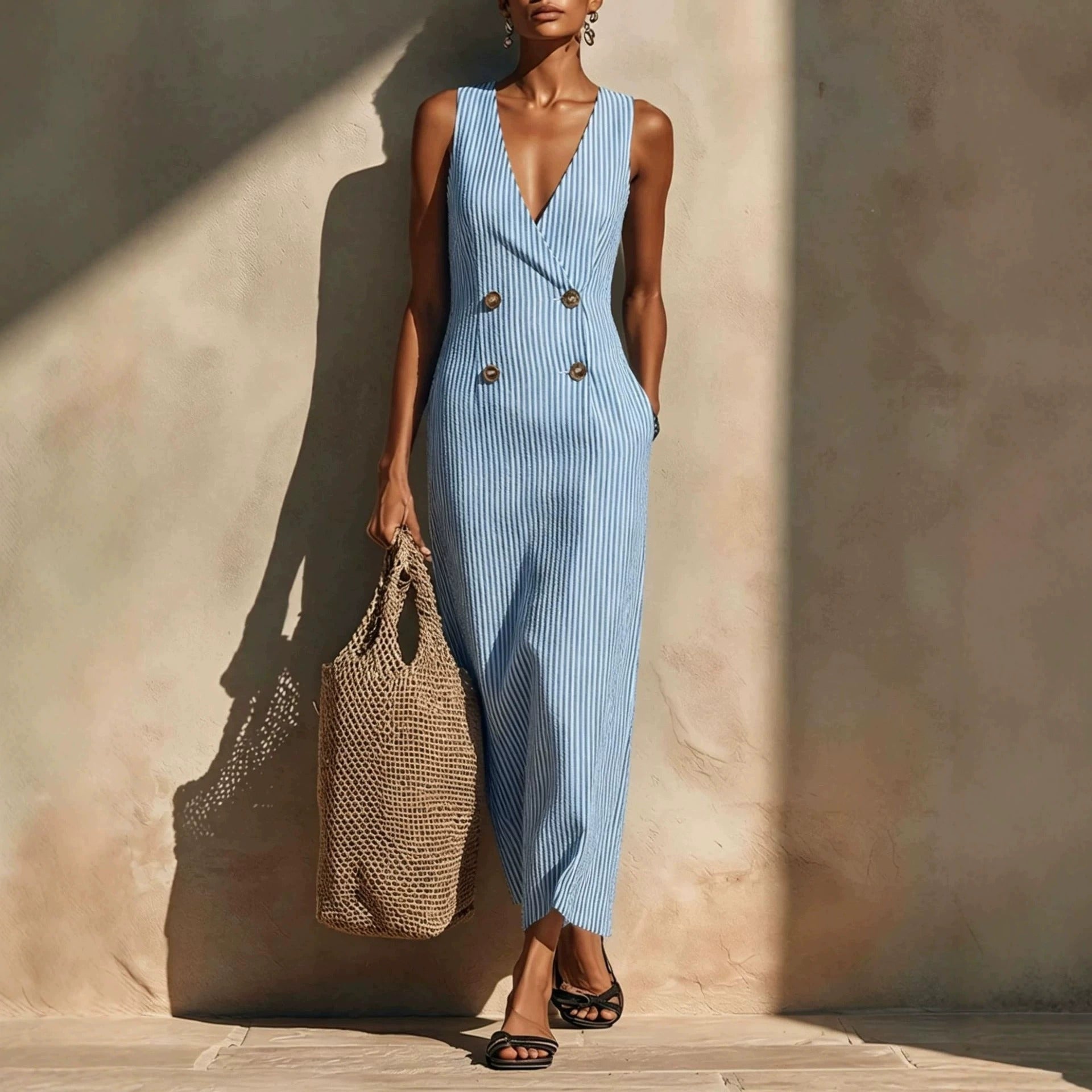 Women’s Blue Striped Coastal Cotton-blend V-Neck Sleeveless Slim Full-Length Jumpsuit