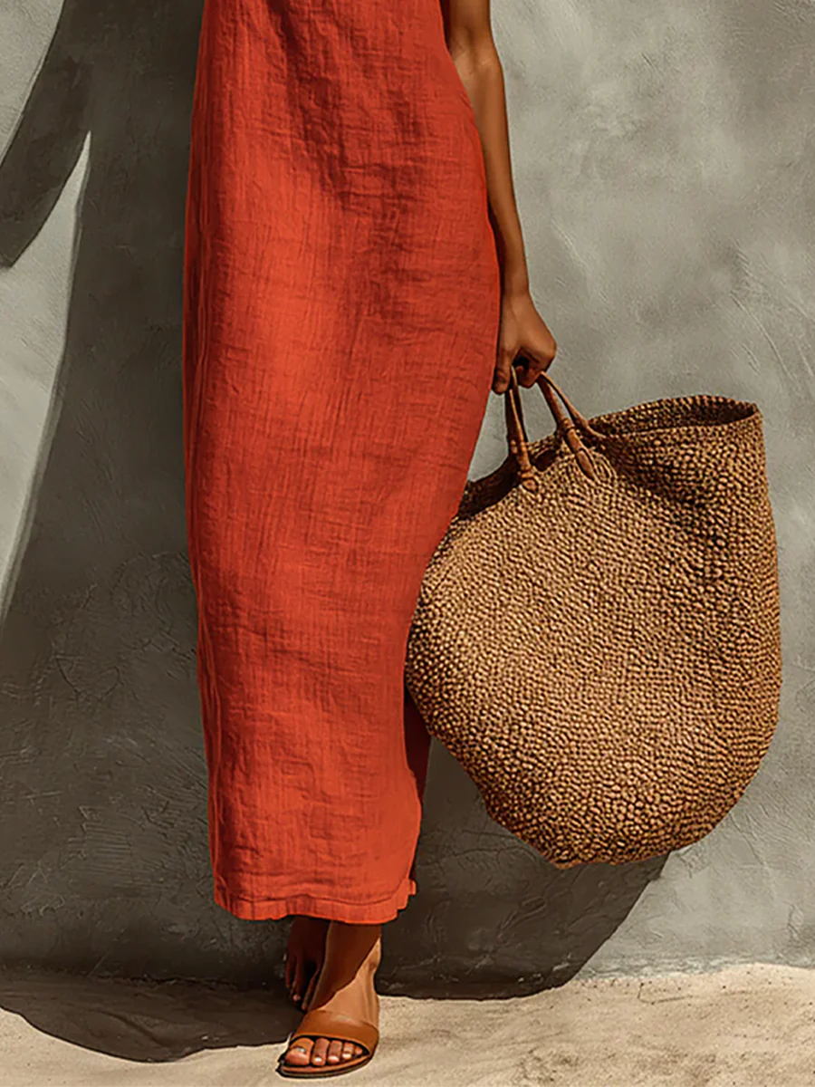 Women’s Rust Orange Vacation Linen-Blend Square Neck Spaghetti Strap Loose Fit Maxi Dress