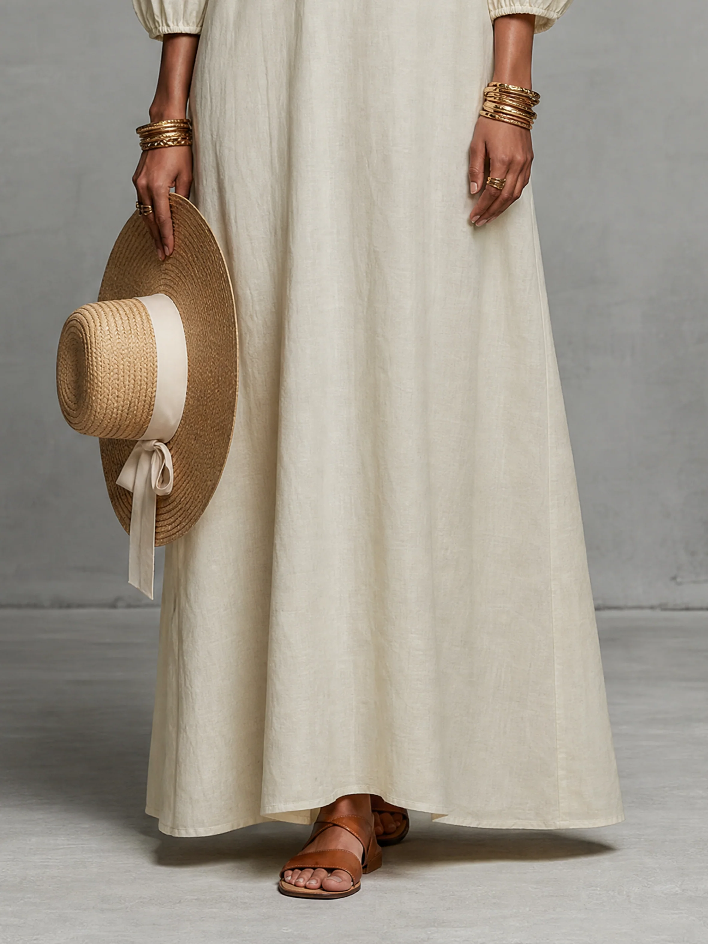 Women’s Ivory Vacation Embroidered Off-Shoulder Balloon Sleeve Maxi Dress