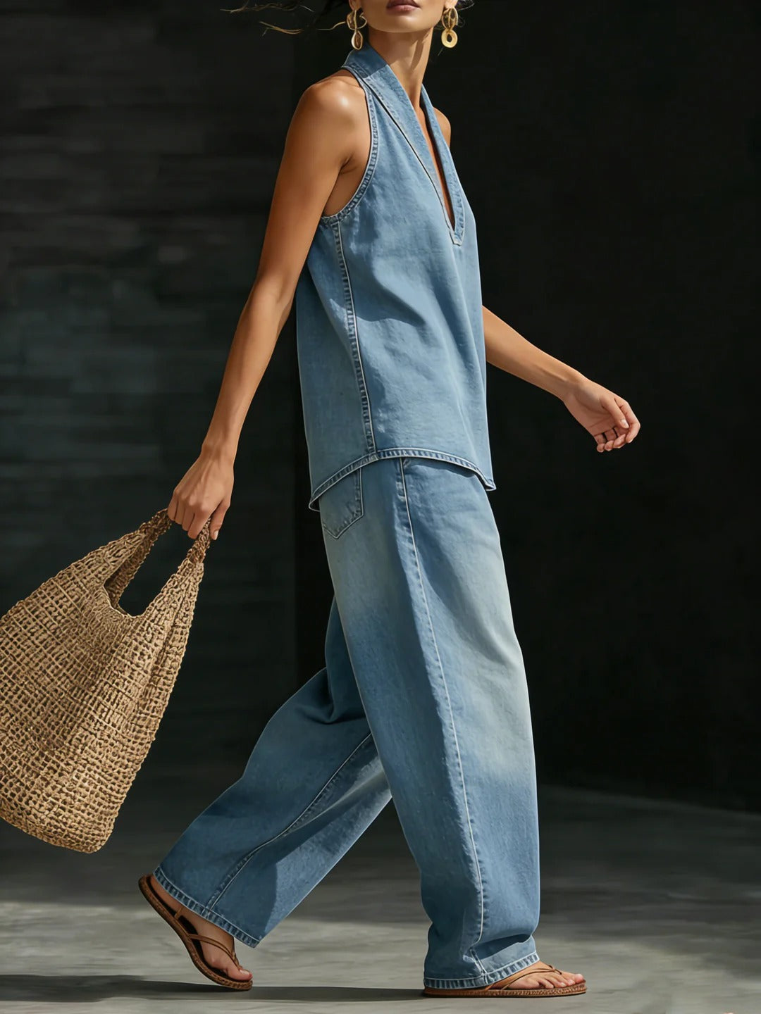 Women’s Light Blue Denim Halter Neck Top and Wide Leg Pants Set