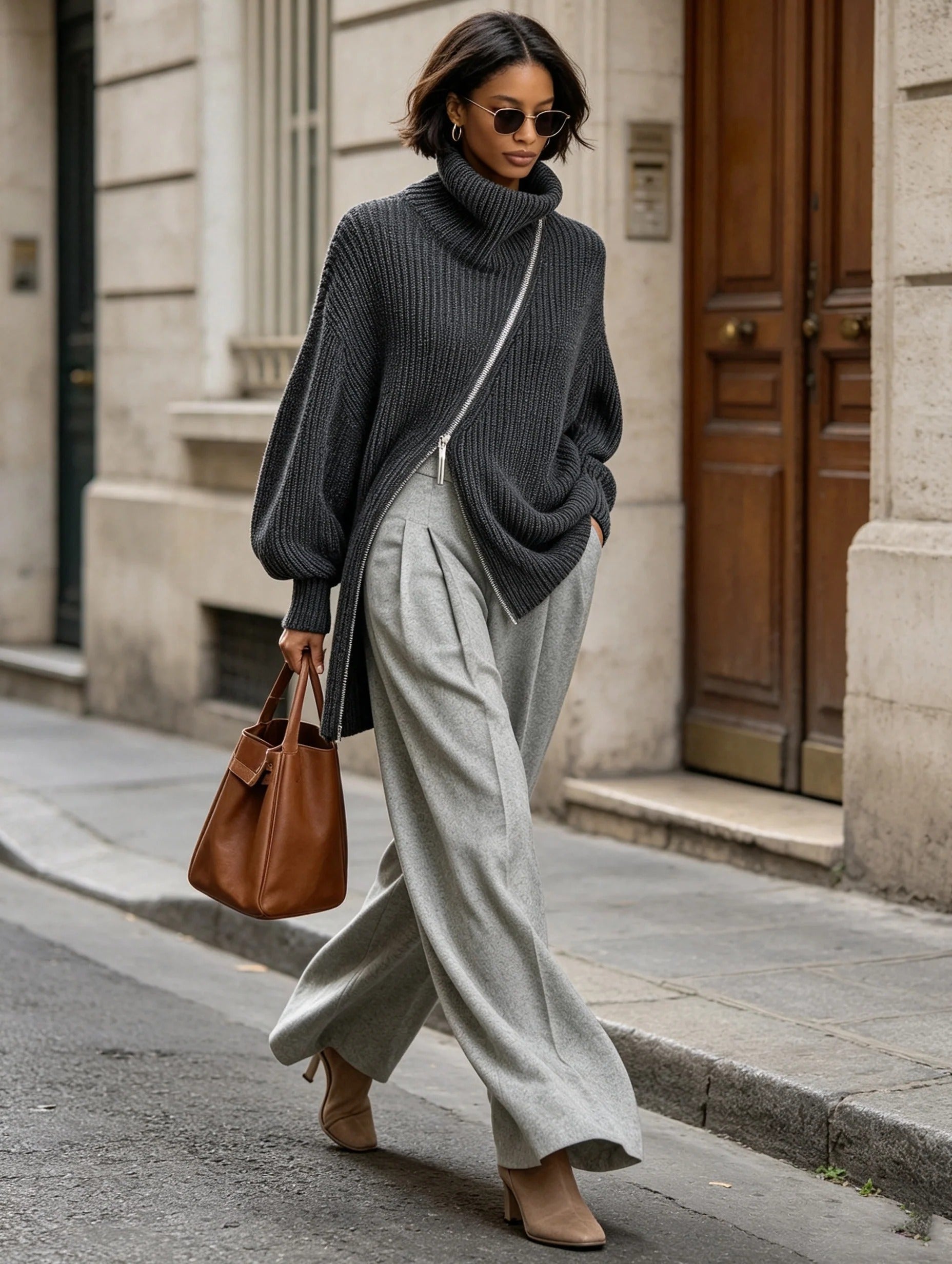 Women’s Gray Casual Ribbed Knit Turtleneck Long Sleeve Relaxed Two-Piece Pants Set