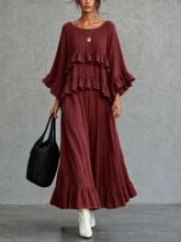 Women’s Beige Bohemian Textured Woven Round Neck Three-Quarter Sleeve Relaxed Maxi Dress