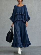 Women’s Beige Bohemian Textured Woven Round Neck Three-Quarter Sleeve Relaxed Maxi Dress