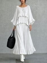 Women’s Beige Bohemian Textured Woven Round Neck Three-Quarter Sleeve Relaxed Maxi Dress