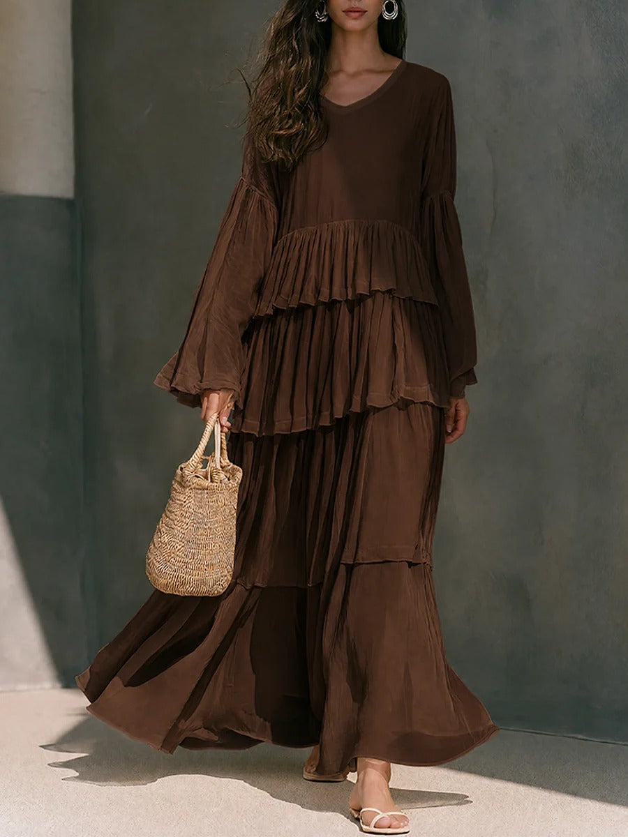Women’s Brown Bohemian Chiffon V-Neck Long Sleeve Relaxed Maxi Dress