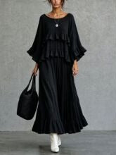 Women’s Beige Bohemian Textured Woven Round Neck Three-Quarter Sleeve Relaxed Maxi Dress