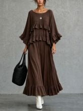 Women’s Beige Bohemian Textured Woven Round Neck Three-Quarter Sleeve Relaxed Maxi Dress