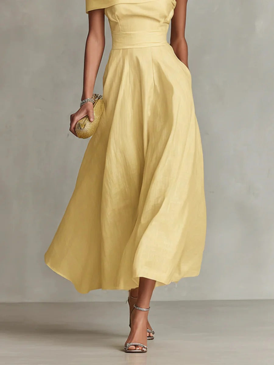 Women’s Yellow Chic Linen Off-Shoulder 3/4 Sleeve Flowy Midi Dress