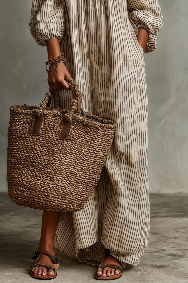 Women’s Beige Striped Bohemian Linen-Cotton Off-Shoulder Three-Quarter Sleeves Loose Maxi Dress with Side Pockets