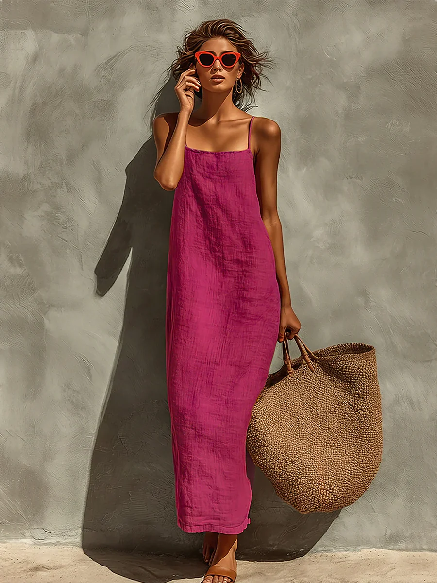 Women’s Rust Orange Vacation Linen-Blend Square Neck Spaghetti Strap Loose Fit Maxi Dress