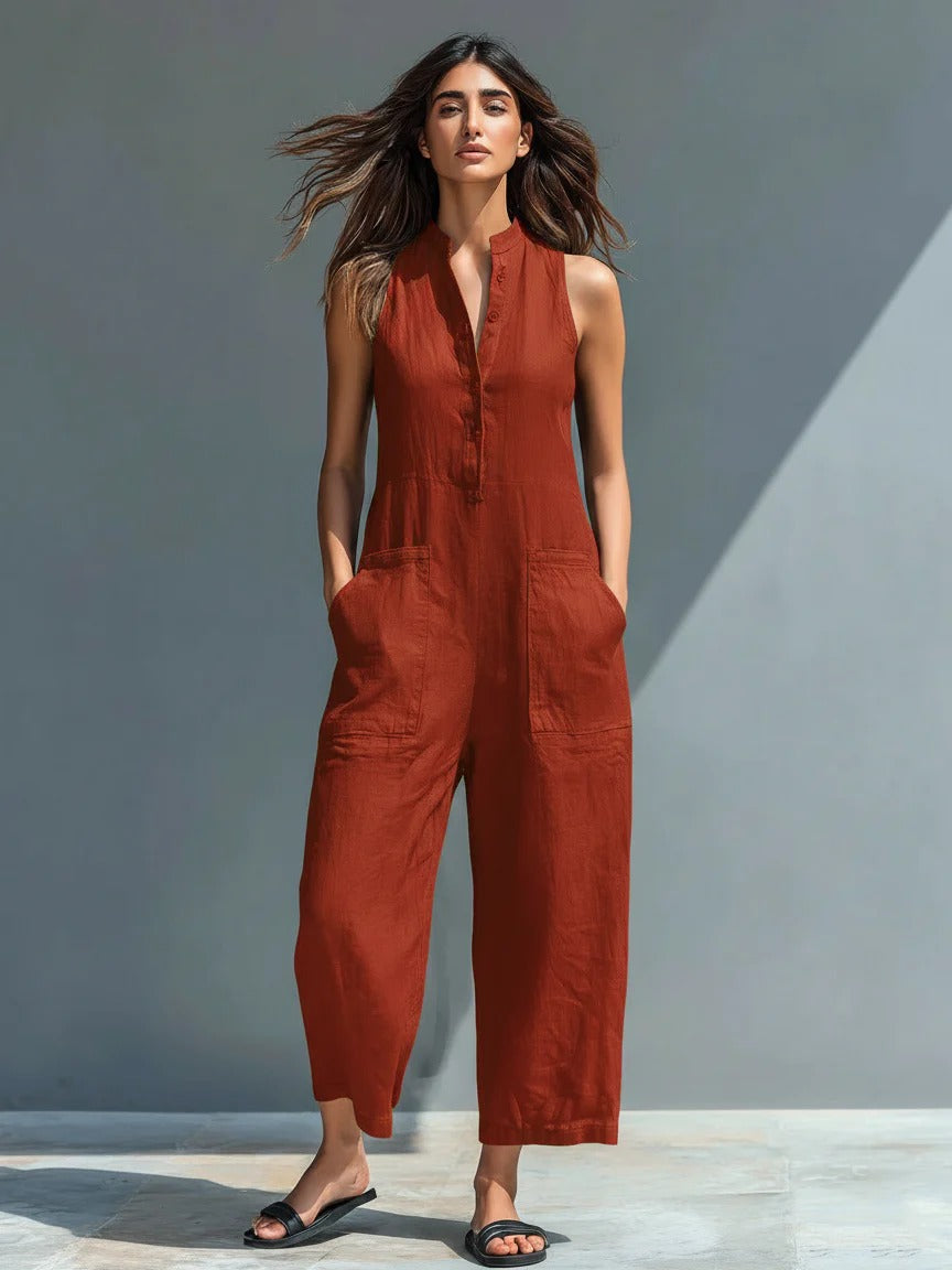 Women’s Black Casual Chic Linen-Blend Mandarin Collar Sleeveless Wide-Leg Ankle Jumpsuit