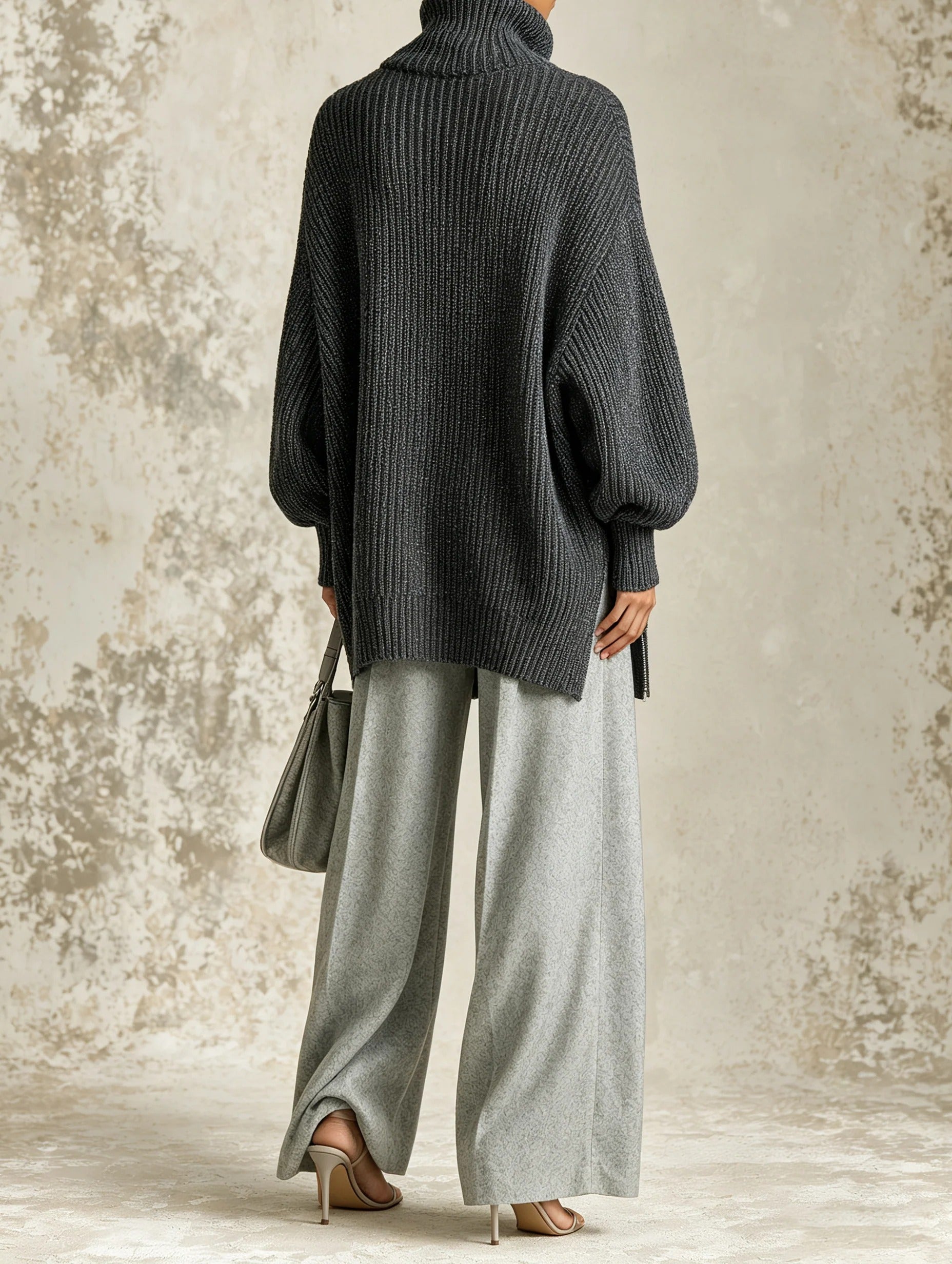 Women’s Gray Casual Ribbed Knit Turtleneck Long Sleeve Relaxed Two-Piece Pants Set