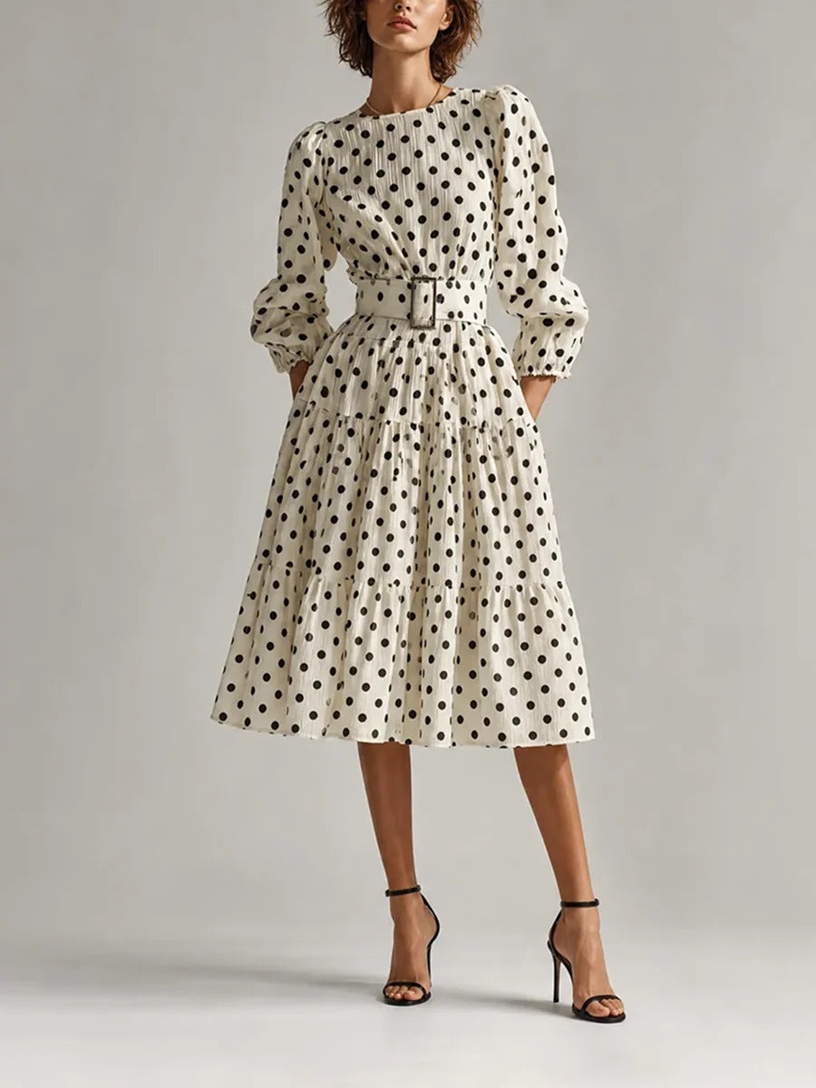 Women’s Off-white & Black Polka-Dot Vintage Chiffon Round Neck Long Sleeve Regular Midi Dress