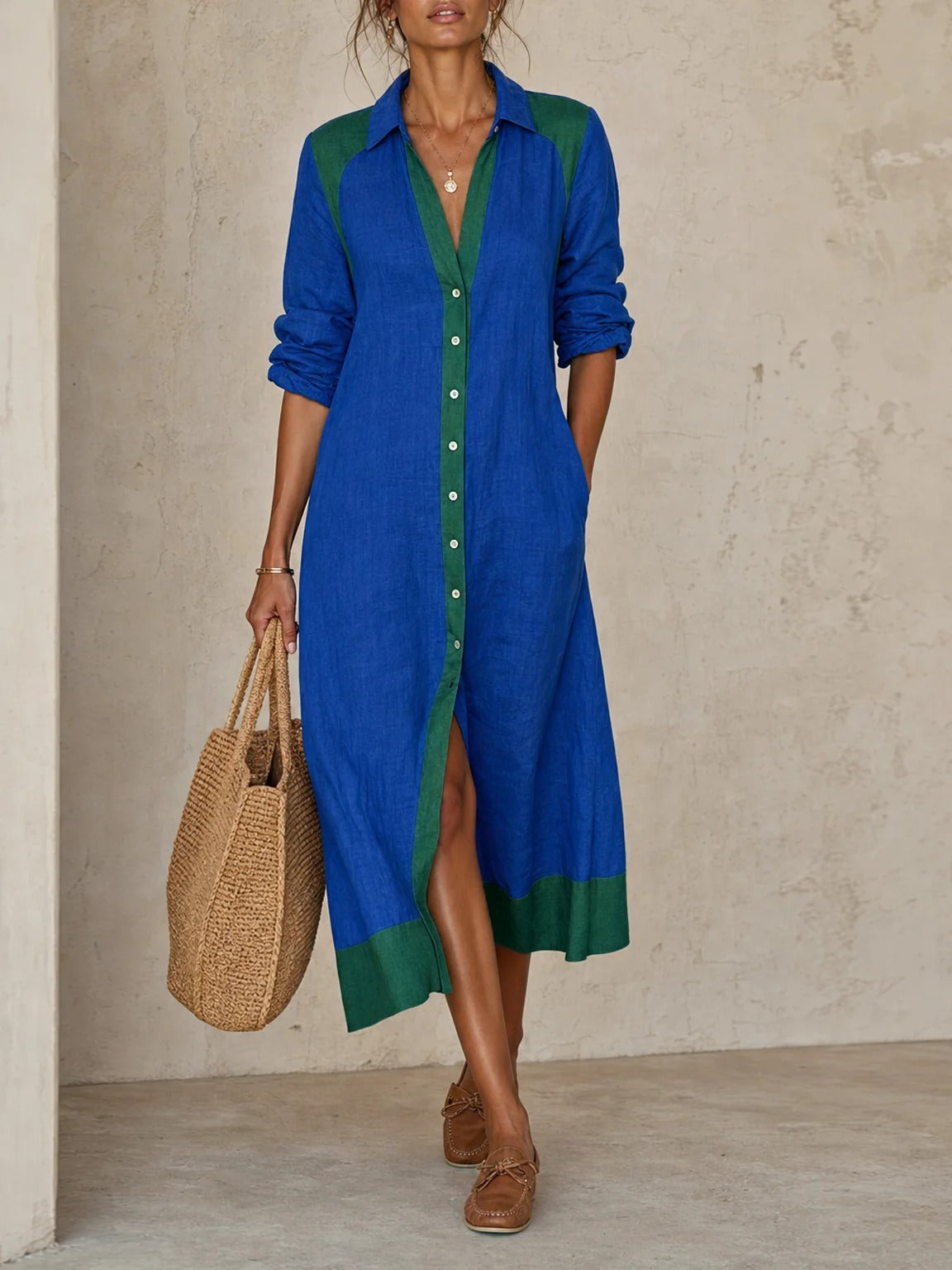 Women’s Blue Color-Block Blend Shirt Collar Long Sleeve Relaxed Midi Dress